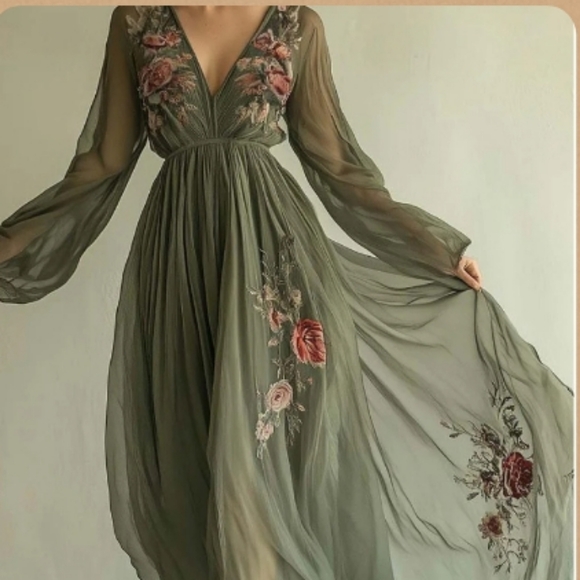 Generic Dresses & Skirts - Elegant Olive Green Faux Embroidered Gown